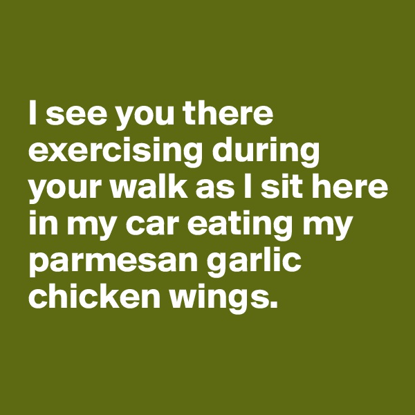 

 I see you there
 exercising during 
 your walk as I sit here 
 in my car eating my
 parmesan garlic
 chicken wings.

