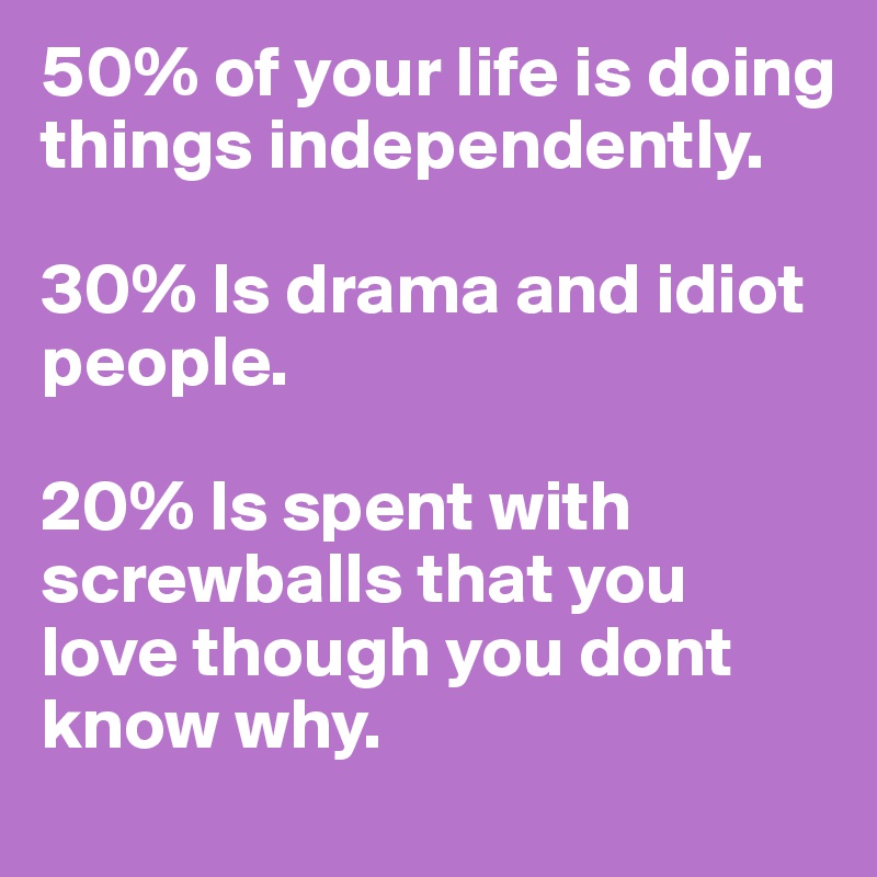 50% of your life is doing things independently. 

30% Is drama and idiot people. 

20% Is spent with screwballs that you love though you dont know why. 
