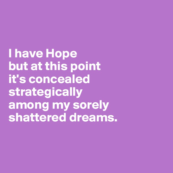 


I have Hope 
but at this point 
it's concealed strategically 
among my sorely
shattered dreams.


