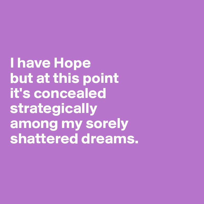 


I have Hope 
but at this point 
it's concealed strategically 
among my sorely
shattered dreams.


