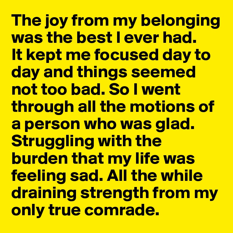 The joy from my belonging was the best I ever had. 
It kept me focused day to day and things seemed not too bad. So I went through all the motions of a person who was glad. Struggling with the burden that my life was feeling sad. All the while draining strength from my only true comrade.