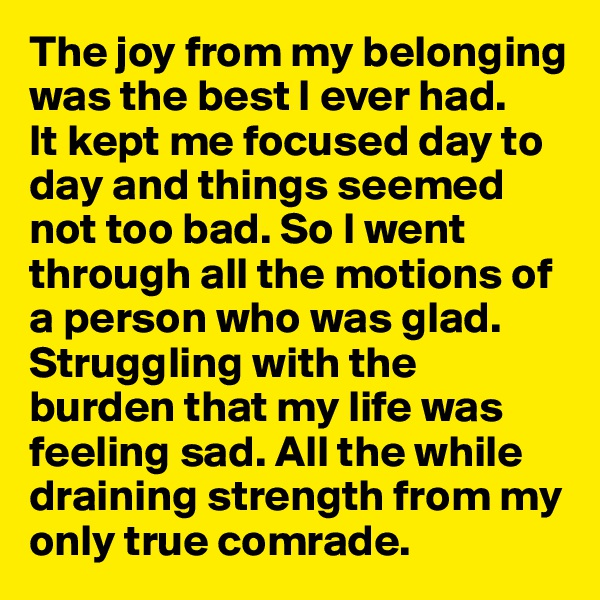 The joy from my belonging was the best I ever had. 
It kept me focused day to day and things seemed not too bad. So I went through all the motions of a person who was glad. Struggling with the burden that my life was feeling sad. All the while draining strength from my only true comrade.