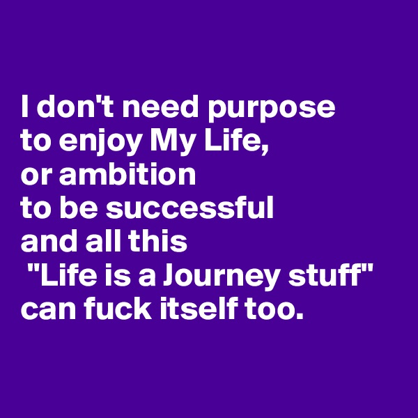 

I don't need purpose 
to enjoy My Life, 
or ambition 
to be successful 
and all this
 "Life is a Journey stuff" can fuck itself too.

