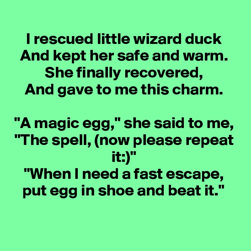 I rescued little wizard duck
And kept her safe and warm.
She finally recovered,
And gave to me this charm.

"A magic egg," she said to me,
"The spell, (now please repeat it:)"
"When I need a fast escape,
put egg in shoe and beat it."

