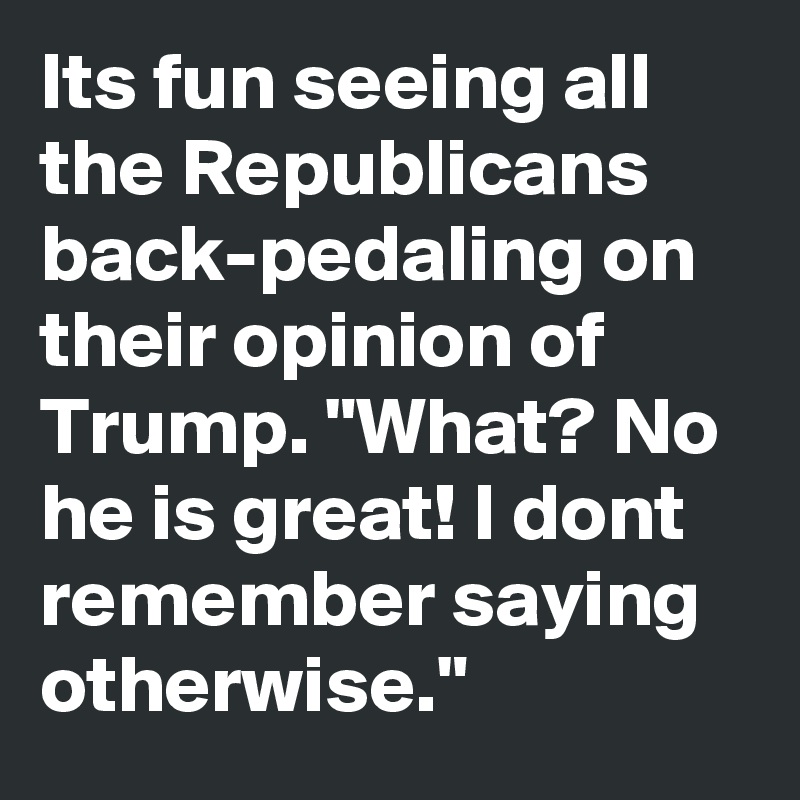 Its fun seeing all the Republicans back-pedaling on their opinion of Trump. "What? No he is great! I dont remember saying otherwise."