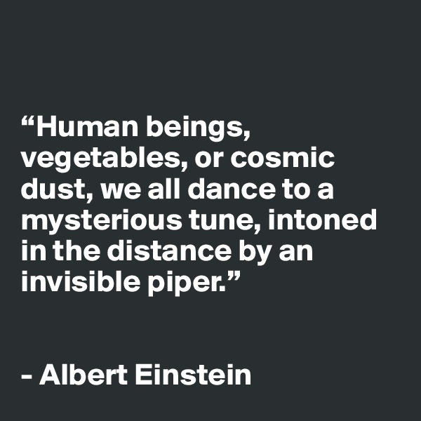 


“Human beings, vegetables, or cosmic dust, we all dance to a mysterious tune, intoned in the distance by an invisible piper.”


- Albert Einstein 