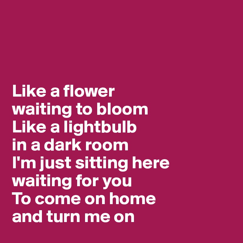 



Like a flower 
waiting to bloom 
Like a lightbulb 
in a dark room 
I'm just sitting here waiting for you 
To come on home 
and turn me on