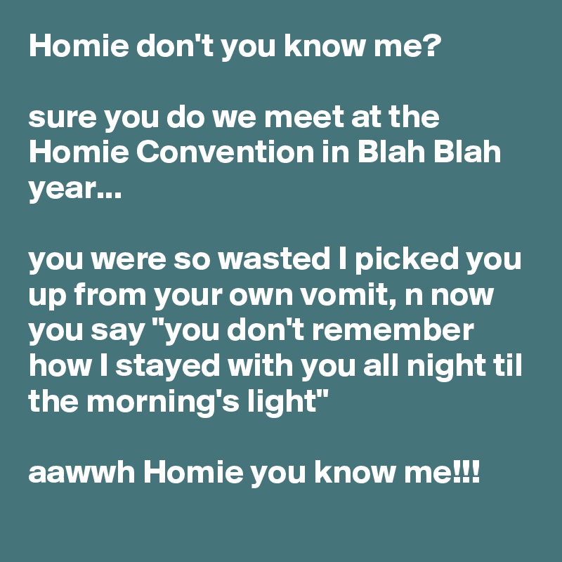 Homie don't you know me?

sure you do we meet at the Homie Convention in Blah Blah year...

you were so wasted I picked you up from your own vomit, n now you say "you don't remember how I stayed with you all night til the morning's light"

aawwh Homie you know me!!!