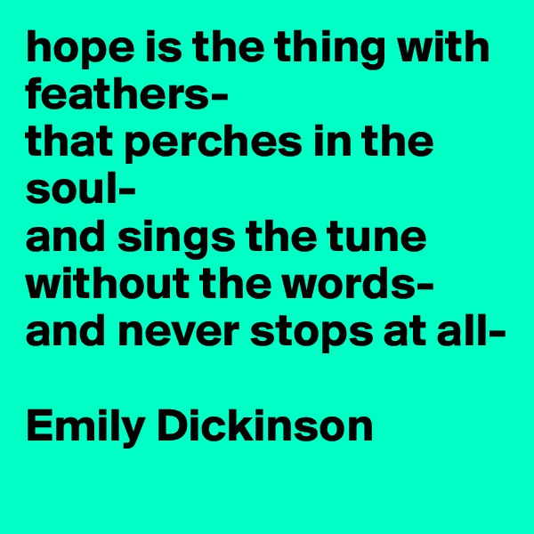 hope is the thing with feathers-
that perches in the soul- 
and sings the tune without the words-
and never stops at all-

Emily Dickinson