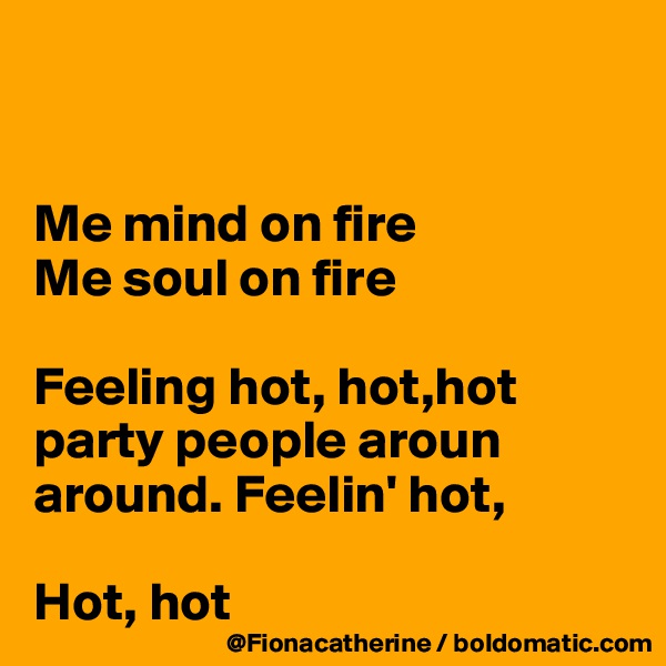


Me mind on fire
Me soul on fire

Feeling hot, hot,hot
party people aroun around. Feelin' hot, 

Hot, hot