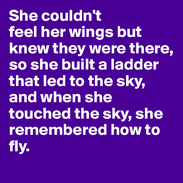 She couldn't
feel her wings but knew they were there,
so she built a ladder that led to the sky,
and when she touched the sky, she remembered how to fly.
