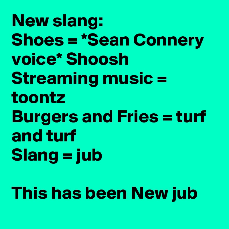 New slang:
Shoes = *Sean Connery voice* Shoosh
Streaming music = toontz
Burgers and Fries = turf and turf
Slang = jub

This has been New jub