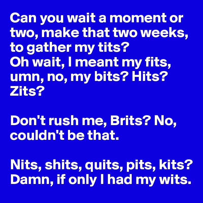Can you wait a moment or two, make that two weeks, to gather my tits?
Oh wait, I meant my fits, umn, no, my bits? Hits? Zits?

Don't rush me, Brits? No, couldn't be that.

Nits, shits, quits, pits, kits?
Damn, if only I had my wits.
