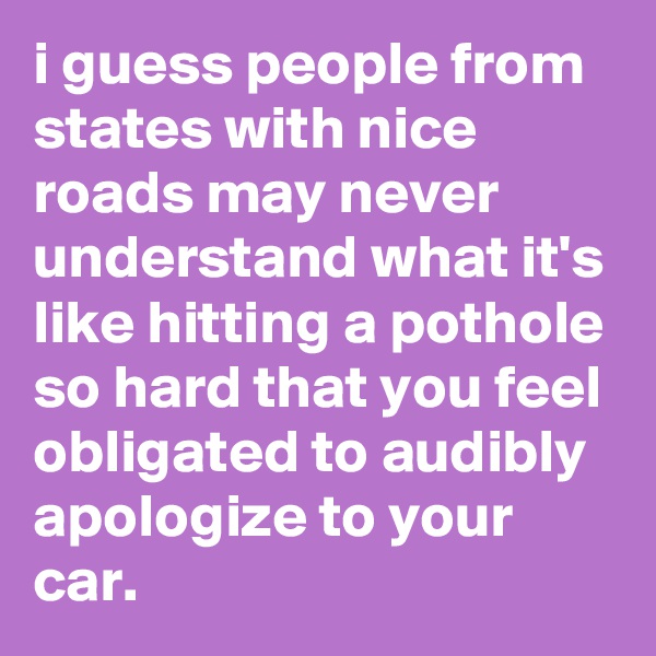 i guess people from states with nice roads may never understand what it's like hitting a pothole so hard that you feel obligated to audibly apologize to your  car.