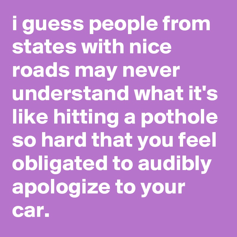 i guess people from states with nice roads may never understand what it's like hitting a pothole so hard that you feel obligated to audibly apologize to your  car.