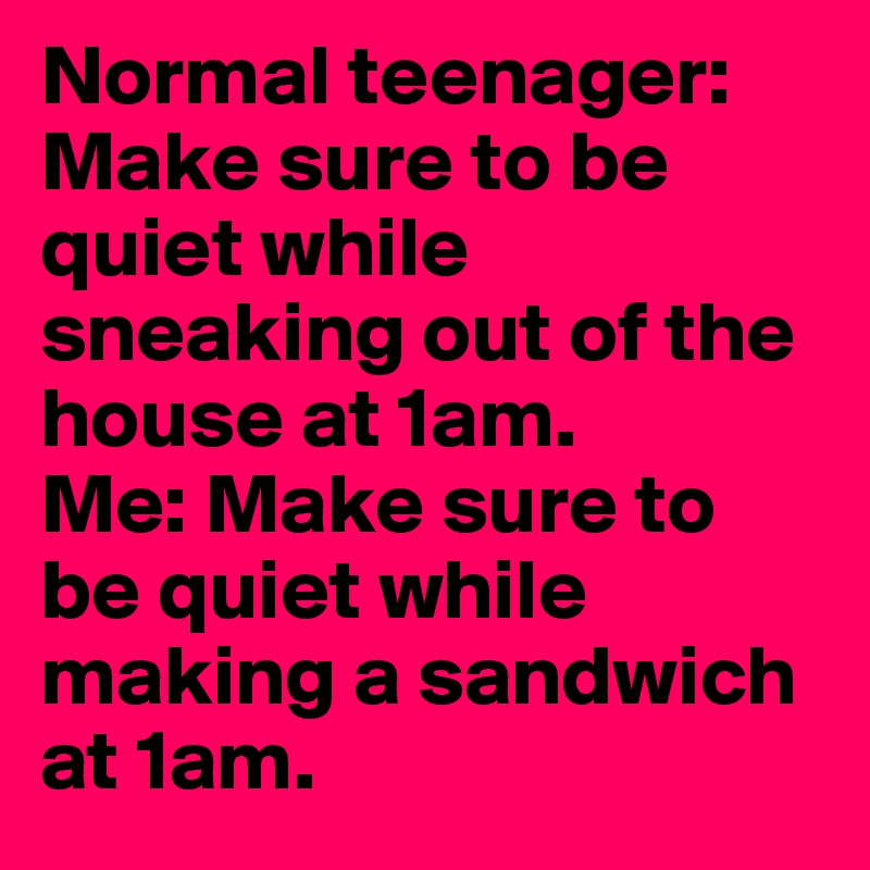 Normal teenager: Make sure to be quiet while sneaking out of the house at 1am. 
Me: Make sure to be quiet while making a sandwich at 1am. 