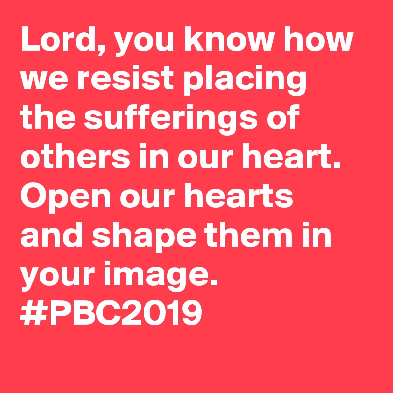 Lord, you know how we resist placing the sufferings of others in our heart. Open our hearts and shape them in your image. #PBC2019