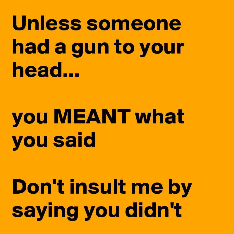 Unless someone had a gun to your head...

you MEANT what you said

Don't insult me by saying you didn't