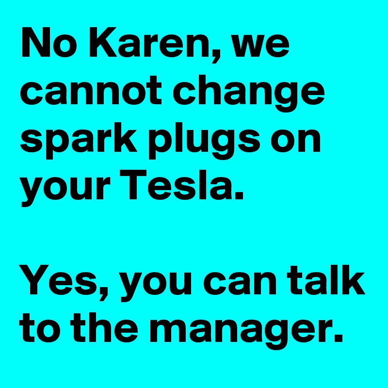 No Karen, we cannot change spark plugs on your Tesla.

Yes, you can talk to the manager.