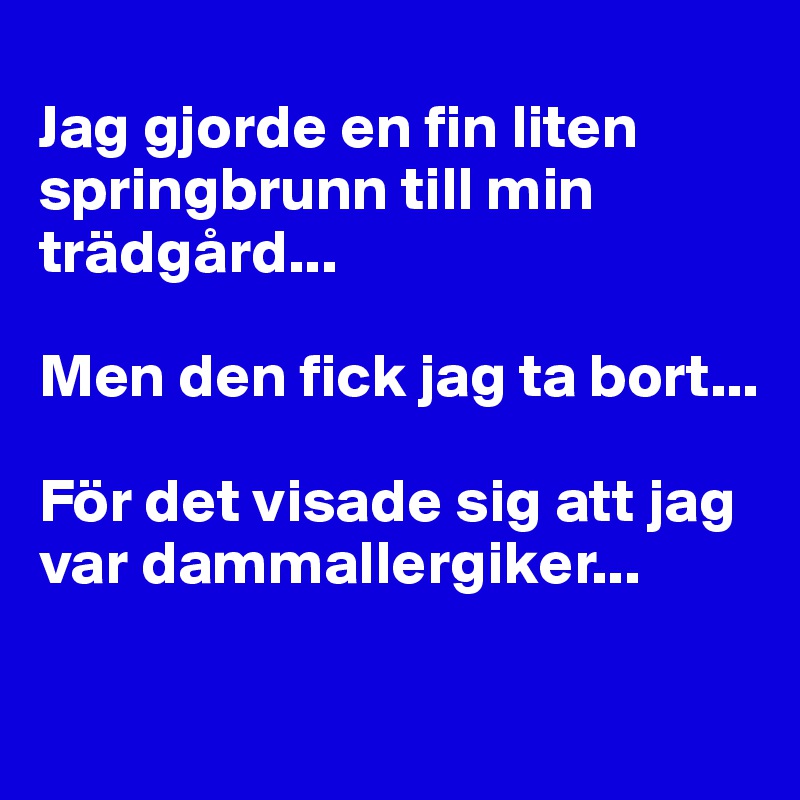 
Jag gjorde en fin liten springbrunn till min trädgård...

Men den fick jag ta bort... 

För det visade sig att jag  var dammallergiker...

