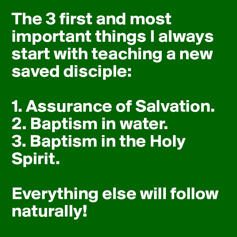 The 3 first and most important things I always start with teaching a new saved disciple:

1. Assurance of Salvation.
2. Baptism in water.
3. Baptism in the Holy Spirit.

Everything else will follow naturally! 