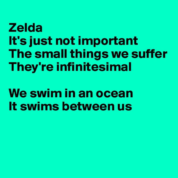 
Zelda
It's just not important
The small things we suffer
They're infinitesimal

We swim in an ocean
It swims between us



