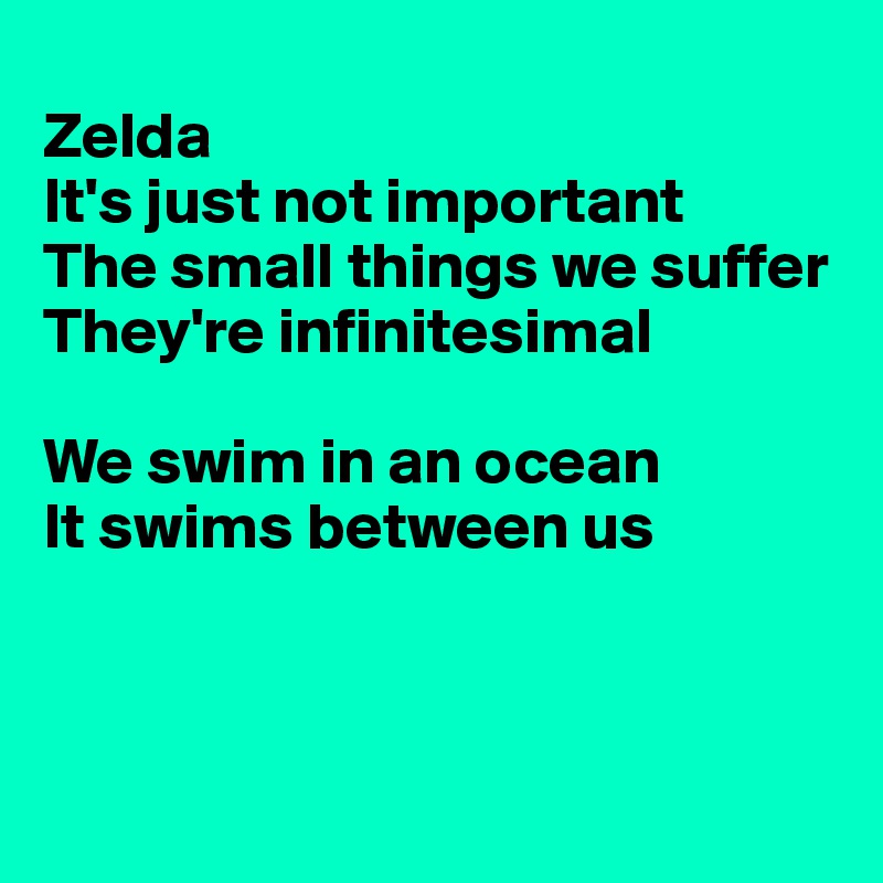 
Zelda
It's just not important
The small things we suffer
They're infinitesimal

We swim in an ocean
It swims between us



