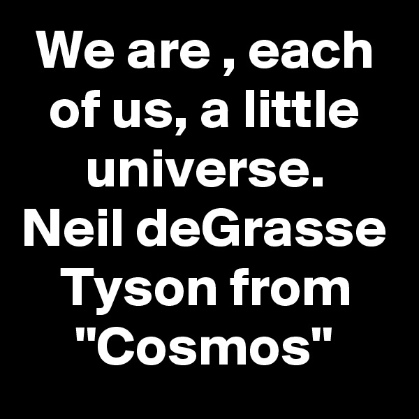 We are , each of us, a little universe.
Neil deGrasse Tyson from ''Cosmos''