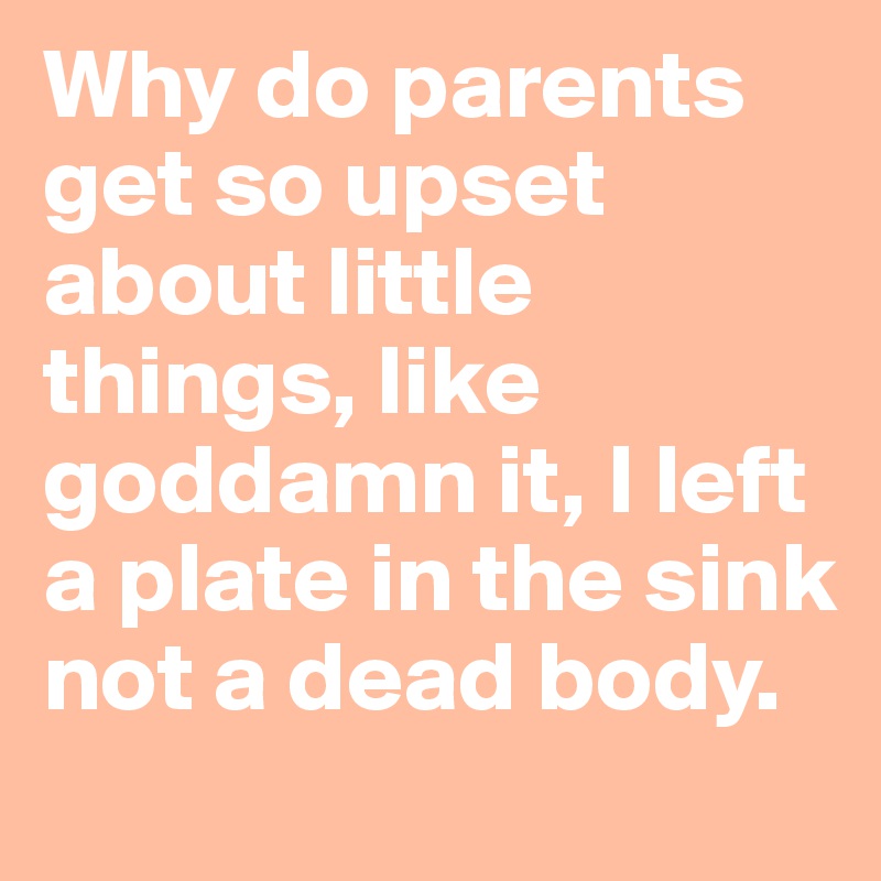 Why do parents get so upset about little things, like goddamn it, I left a plate in the sink not a dead body.