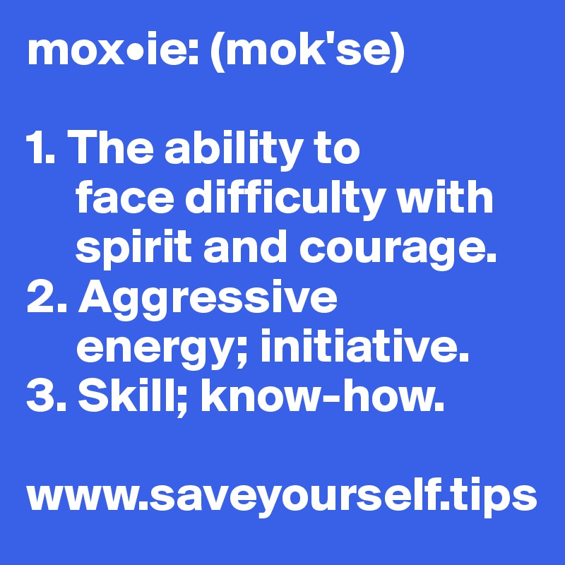 mox•ie: (mok'se)

1. The ability to 
     face difficulty with 
     spirit and courage.
2. Aggressive 
     energy; initiative.
3. Skill; know-how.

www.saveyourself.tips