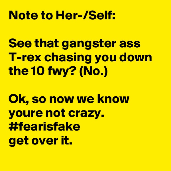 Note to Her-/Self:

See that gangster ass T-rex chasing you down the 10 fwy? (No.)

Ok, so now we know youre not crazy. 
#fearisfake
get over it.   

