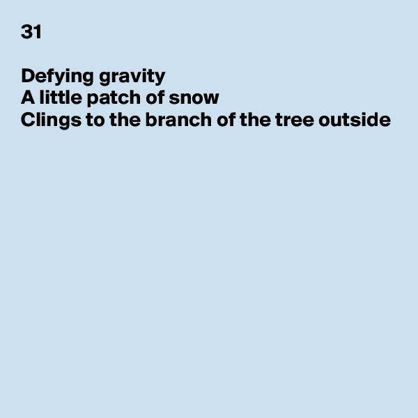 31

Defying gravity
A little patch of snow
Clings to the branch of the tree outside










