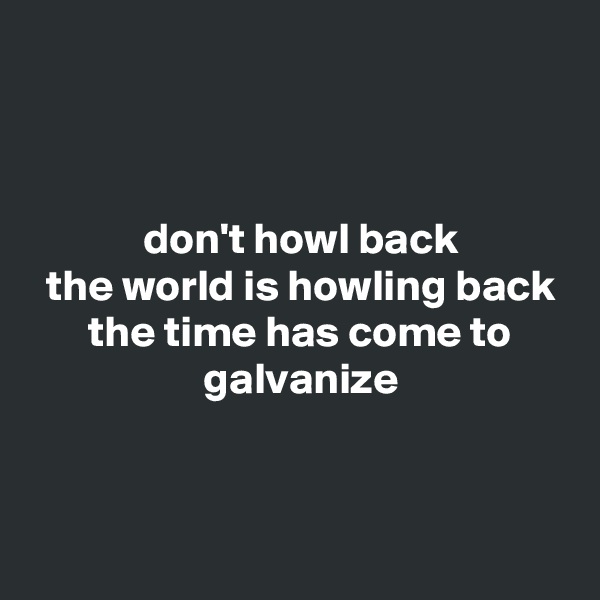 



 don't howl back
 the world is howling back
 the time has come to
 galvanize


