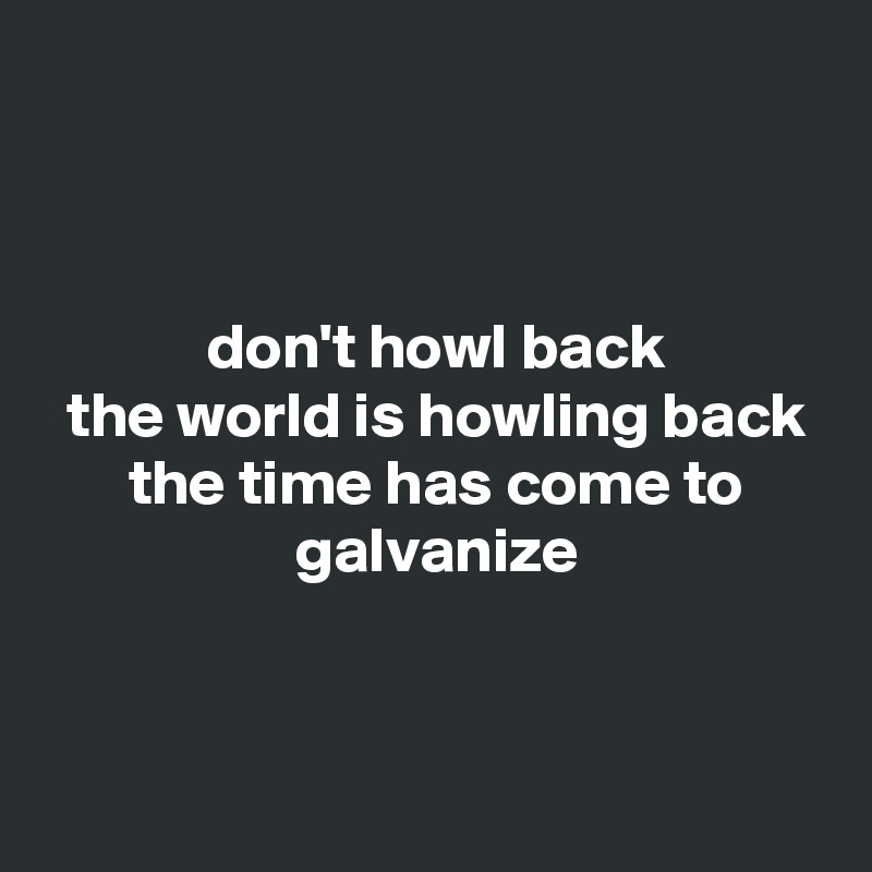 



 don't howl back
 the world is howling back
 the time has come to
 galvanize


