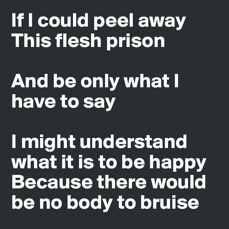 If I could peel away
This flesh prison

And be only what I have to say

I might understand
what it is to be happy
Because there would be no body to bruise