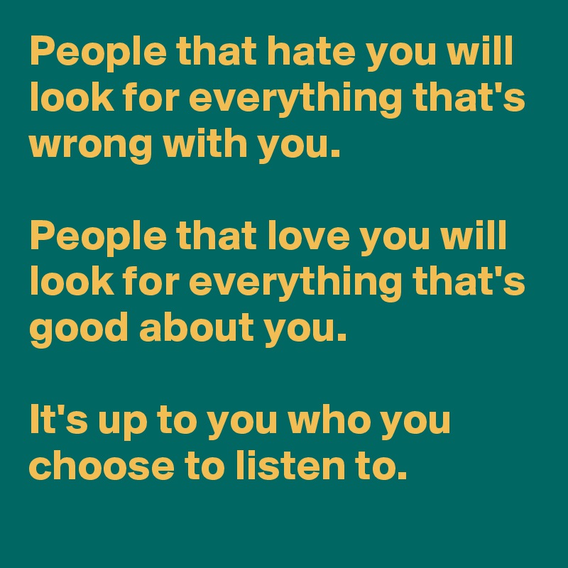 People that hate you will look for everything that's wrong with you. 

People that love you will look for everything that's good about you. 

It's up to you who you choose to listen to.
