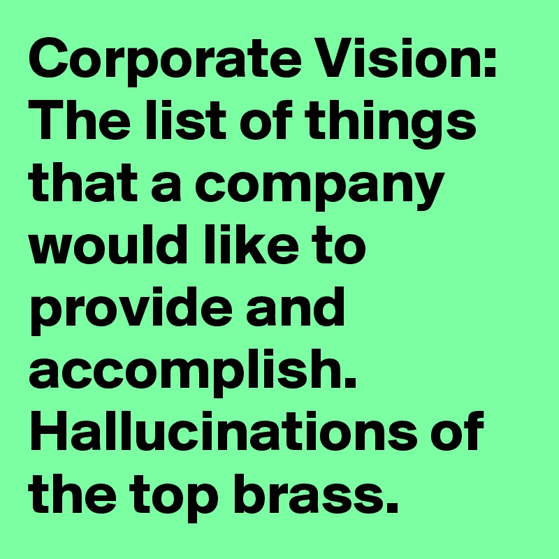 Corporate Vision:
The list of things that a company would like to provide and accomplish. Hallucinations of the top brass.