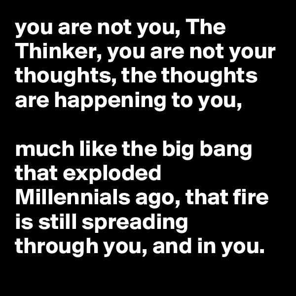 you are not you, The Thinker, you are not your thoughts, the thoughts are happening to you, 

much like the big bang that exploded Millennials ago, that fire is still spreading through you, and in you.