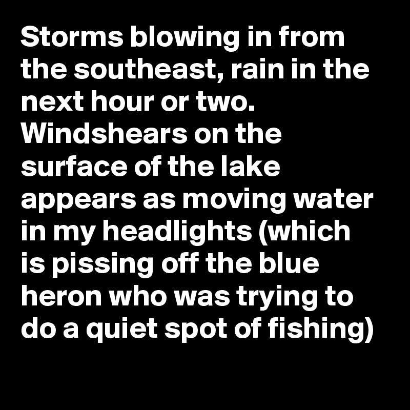 Storms blowing in from the southeast, rain in the next hour or two. Windshears on the surface of the lake appears as moving water in my headlights (which is pissing off the blue heron who was trying to do a quiet spot of fishing)