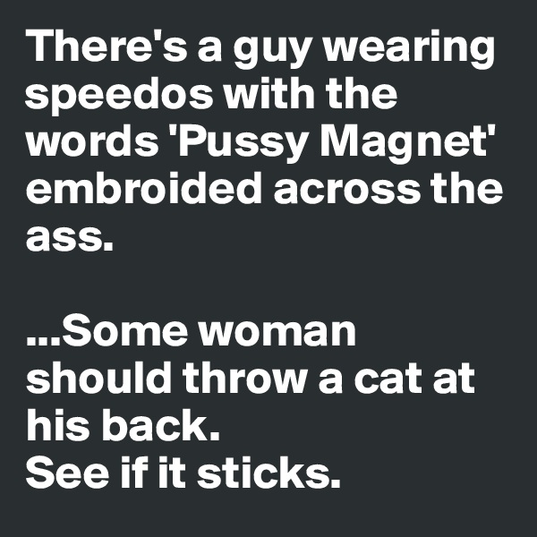 There's a guy wearing speedos with the words 'Pussy Magnet' embroided across the ass. 

...Some woman should throw a cat at his back. 
See if it sticks. 