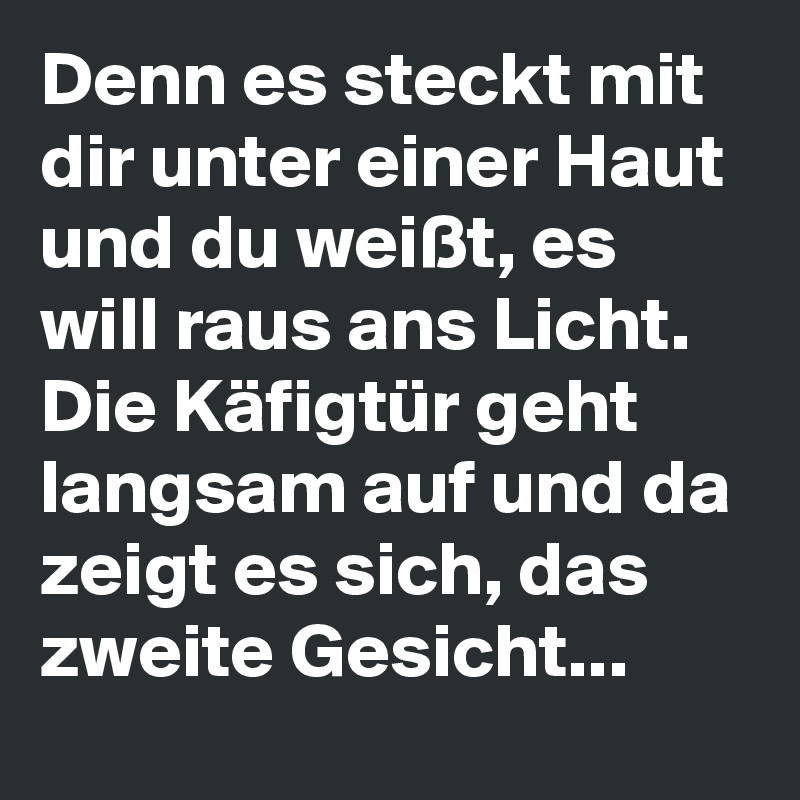 Denn es steckt mit dir unter einer Haut und du weißt, es will raus ans Licht.
Die Käfigtür geht langsam auf und da zeigt es sich, das zweite Gesicht...