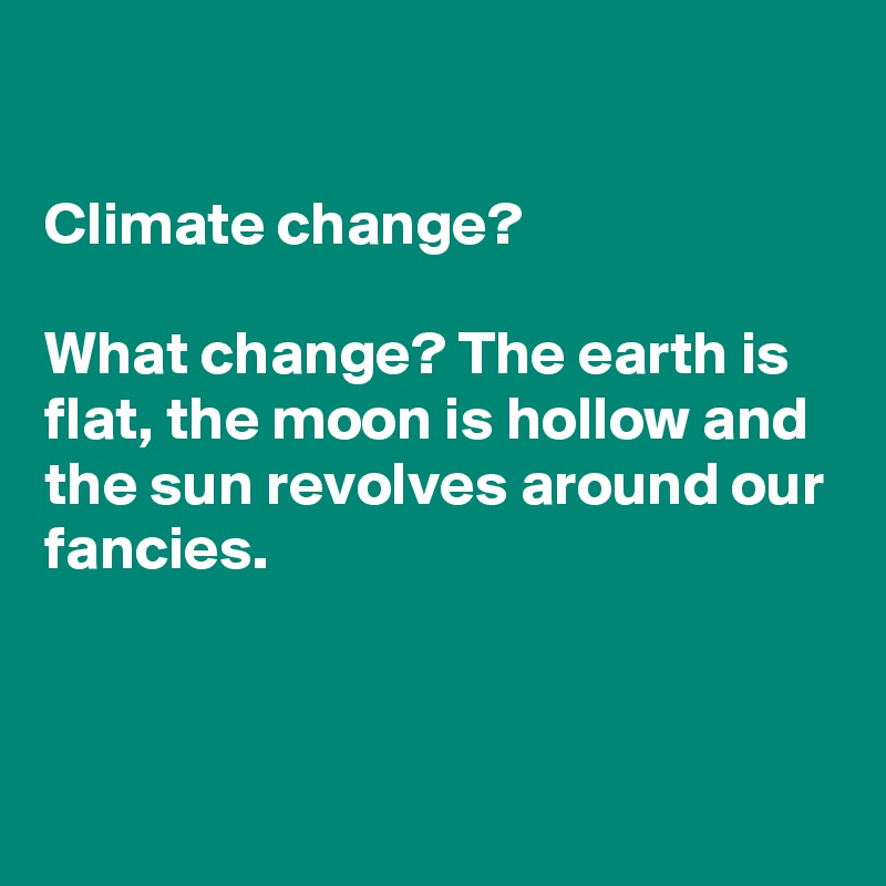 

Climate change? 

What change? The earth is flat, the moon is hollow and the sun revolves around our fancies.



