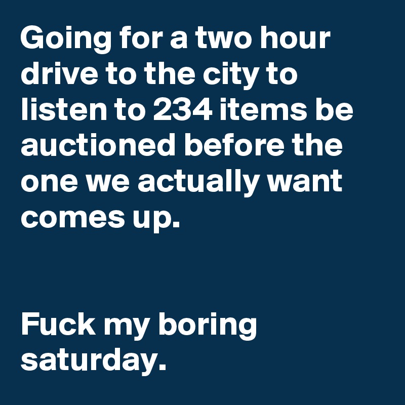 Going for a two hour drive to the city to listen to 234 items be auctioned before the one we actually want comes up.


Fuck my boring saturday.