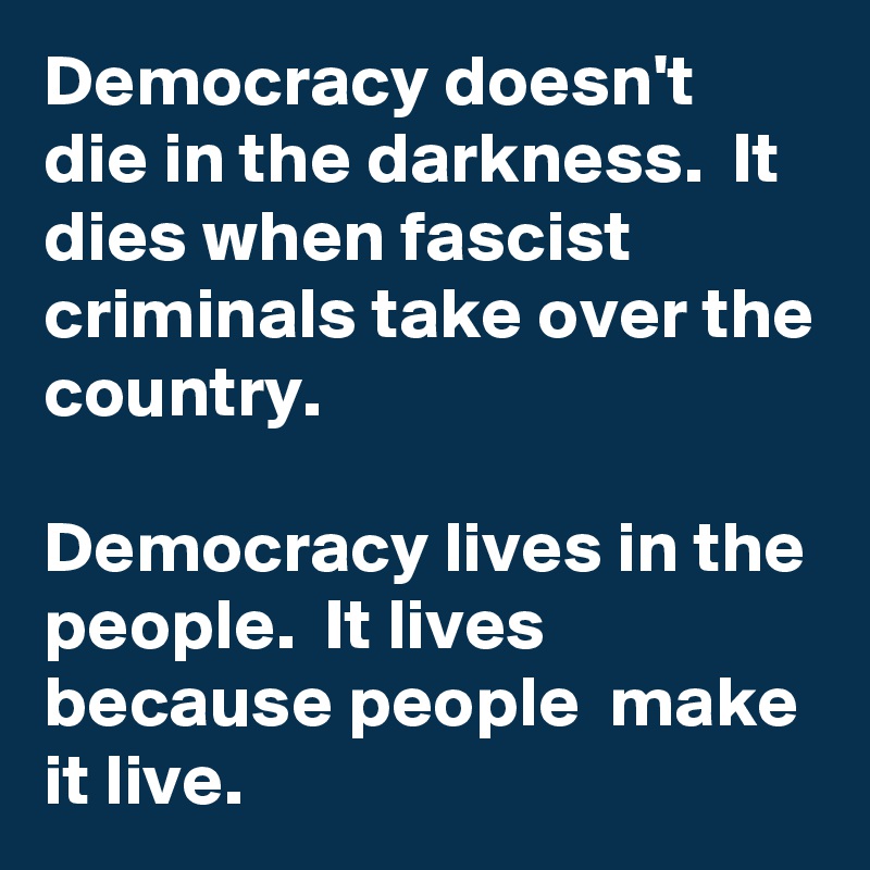 Democracy doesn't die in the darkness.  It dies when fascist criminals take over the country.

Democracy lives in the people.  It lives because people  make it live.