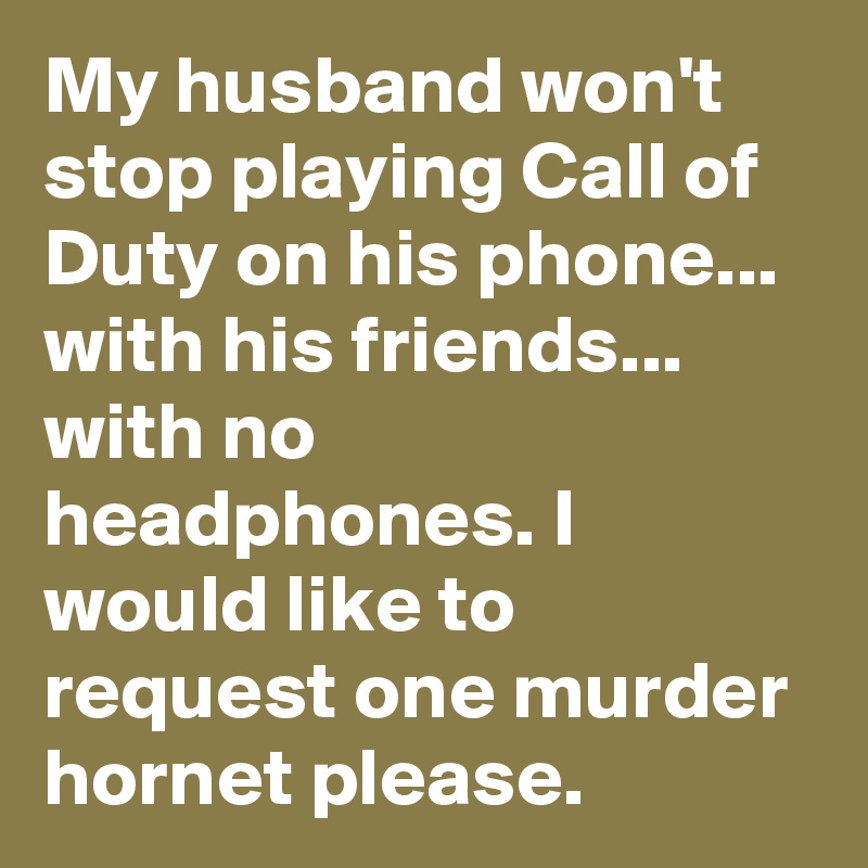 My husband won't stop playing Call of Duty on his phone... with his friends... with no headphones. I would like to request one murder hornet please.