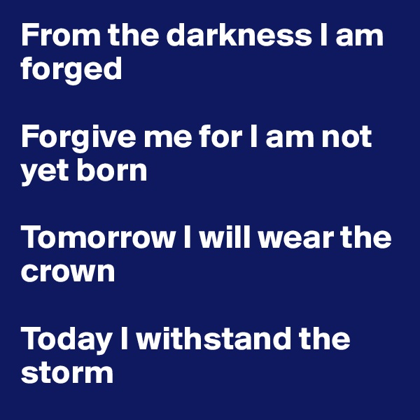 From the darkness I am forged

Forgive me for I am not yet born

Tomorrow I will wear the crown

Today I withstand the storm