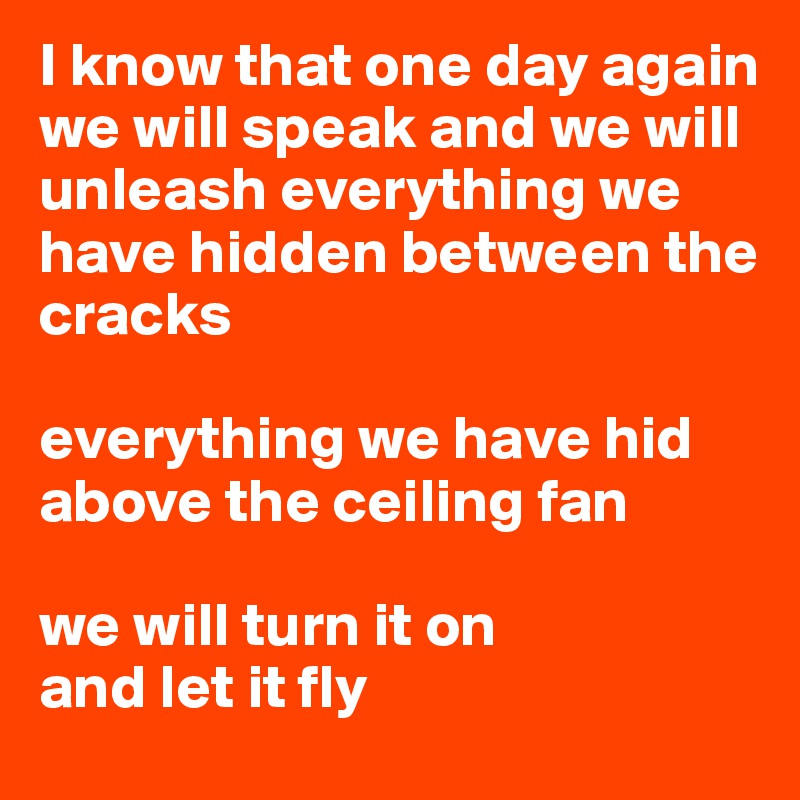 I know that one day again we will speak and we will unleash everything we have hidden between the cracks 

everything we have hid above the ceiling fan

we will turn it on 
and let it fly
