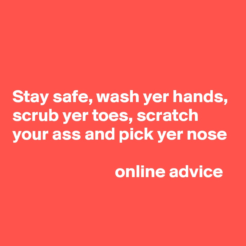 



Stay safe, wash yer hands, scrub yer toes, scratch your ass and pick yer nose

                             online advice

