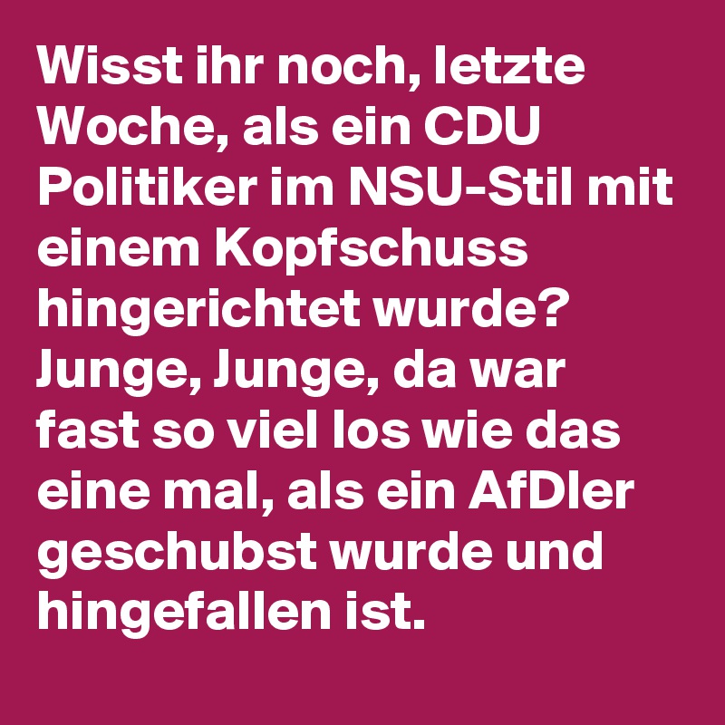 Wisst ihr noch, letzte Woche, als ein CDU Politiker im NSU-Stil mit einem Kopfschuss hingerichtet wurde? Junge, Junge, da war fast so viel los wie das eine mal, als ein AfDler geschubst wurde und hingefallen ist.
