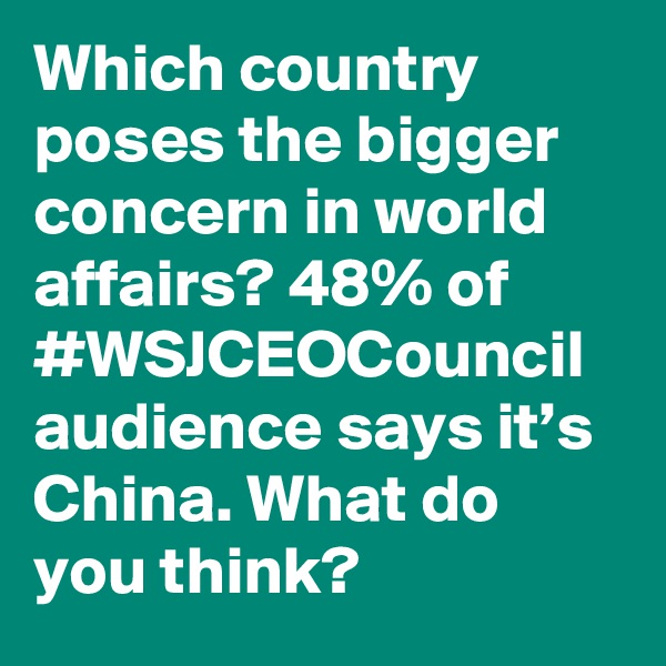 Which country poses the bigger concern in world affairs? 48% of #WSJCEOCouncil audience says it’s China. What do you think?